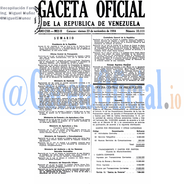 Gaceta Oficial 33111 del 23 Noviembre 1984