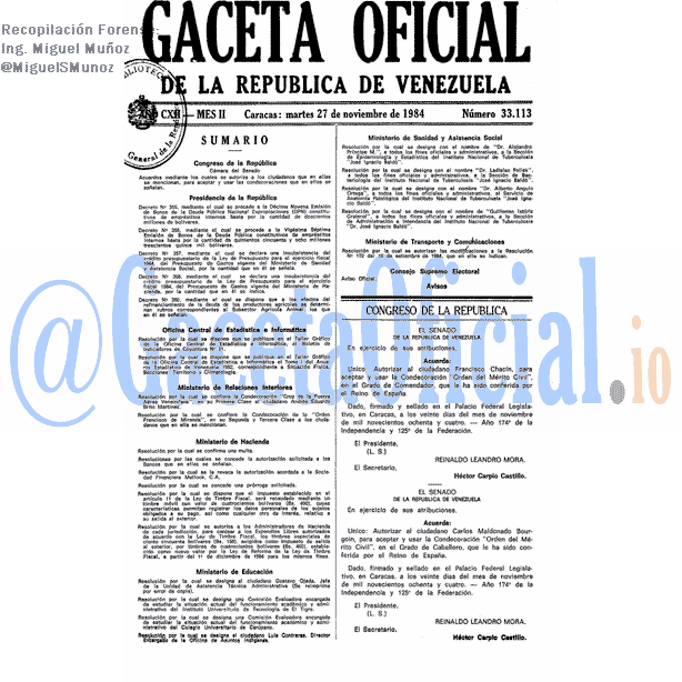 Gaceta Oficial 33113 del 27 Noviembre 1984