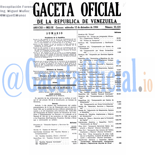 Gaceta Oficial 33124 del 12 Diciembre 1984