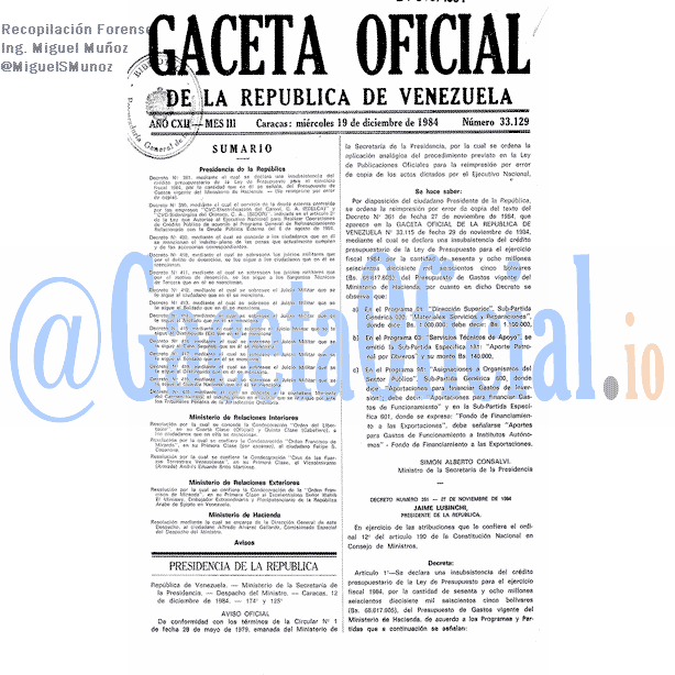 Gaceta Oficial 33129 del 19 Diciembre 1984