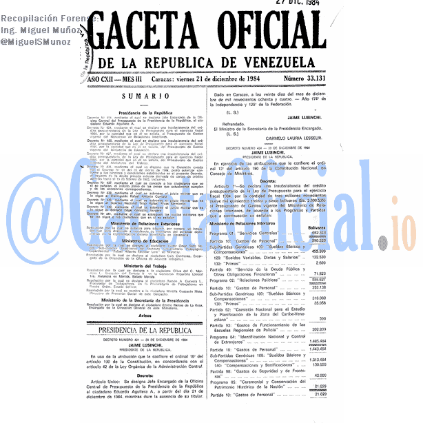 Gaceta Oficial 33131 del 21 Diciembre 1984
