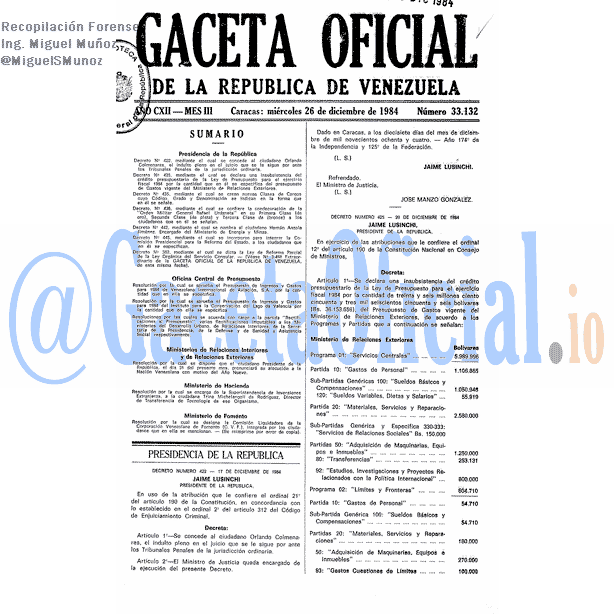 Gaceta Oficial 33132 del 26 Diciembre 1984
