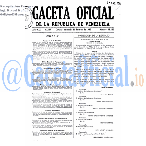 Gaceta Oficial 33145 del 16 Enero 1985