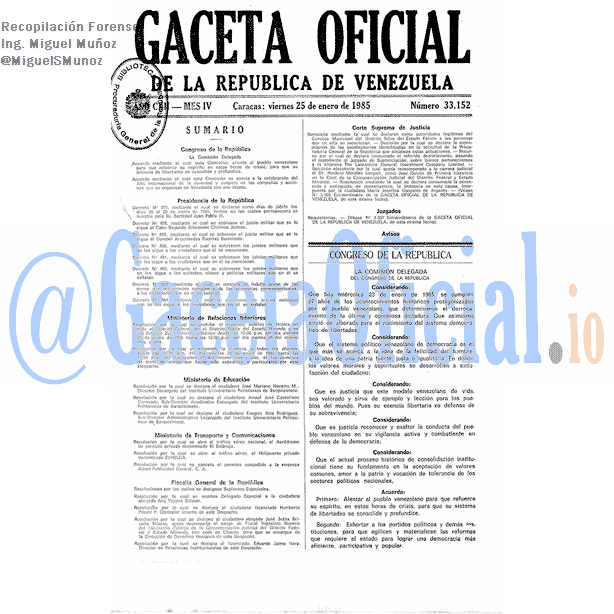 Gaceta Oficial 33152 del 25 Enero 1985
