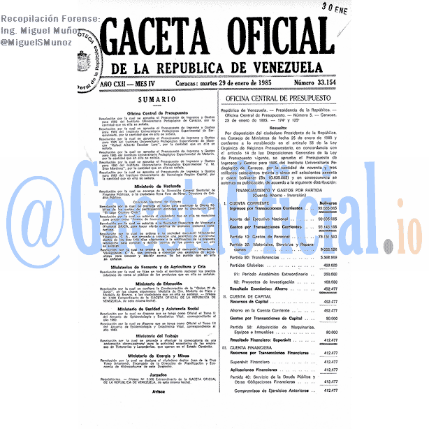 Gaceta Oficial 33154 del 29 Enero 1985