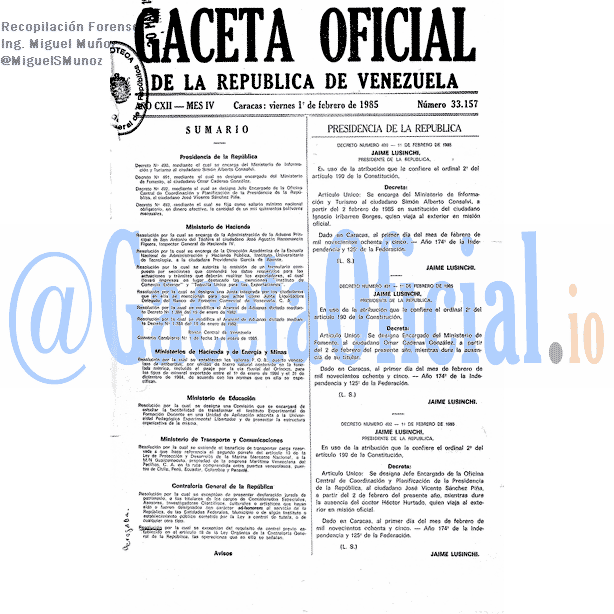 Gaceta Oficial 33157 del 1 Febrero 1985