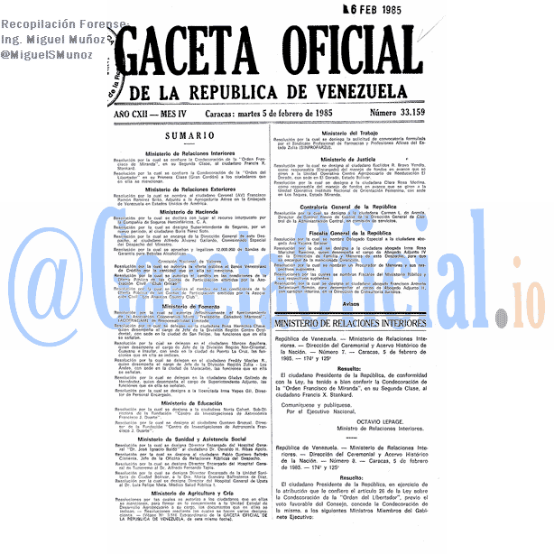 Gaceta Oficial 33159 del 5 Febrero 1985