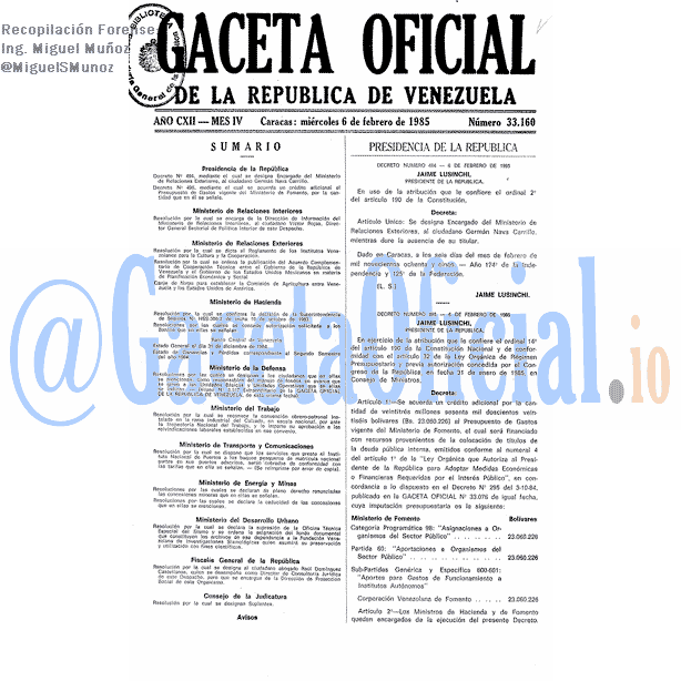 Gaceta Oficial 33160 del 6 Febrero 1985