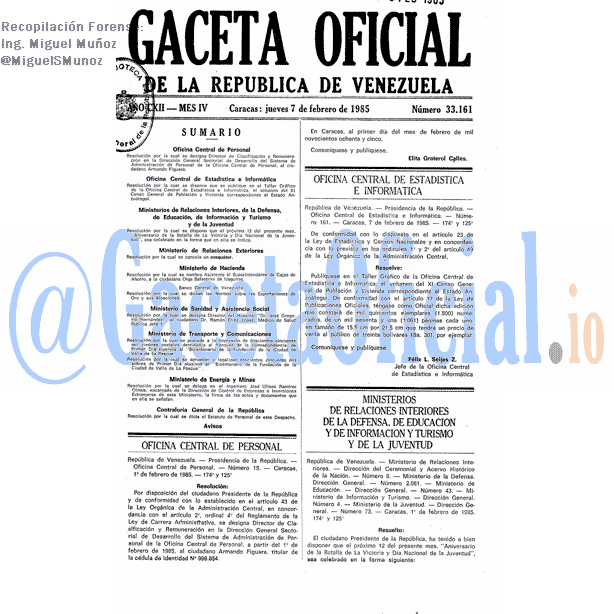 Gaceta Oficial 33161 del 7 Febrero 1985