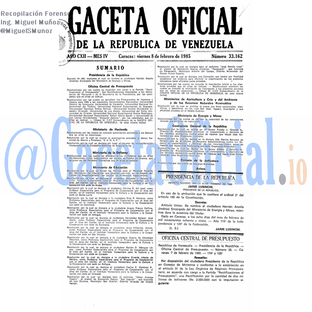 Gaceta Oficial 33162 del 8 Febrero 1985
