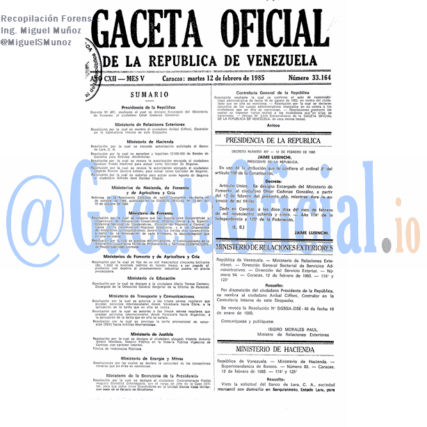 Gaceta Oficial 33164 del 12 Febrero 1985