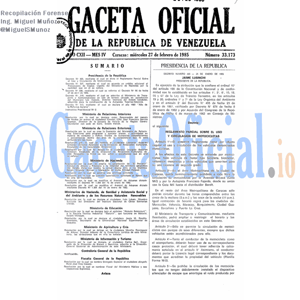 Gaceta Oficial 33173 del 27 Febrero 1985
