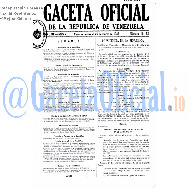 Gaceta Oficial 33178 del 6 Marzo 1985