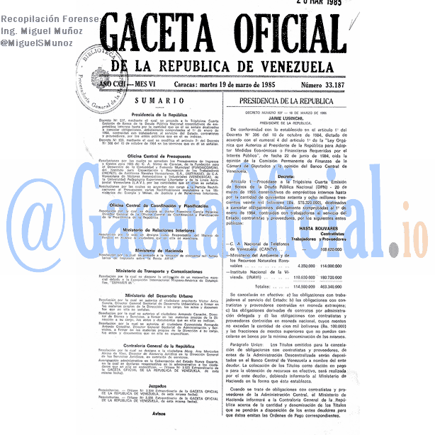 Gaceta Oficial 33187 del 19 Marzo 1985