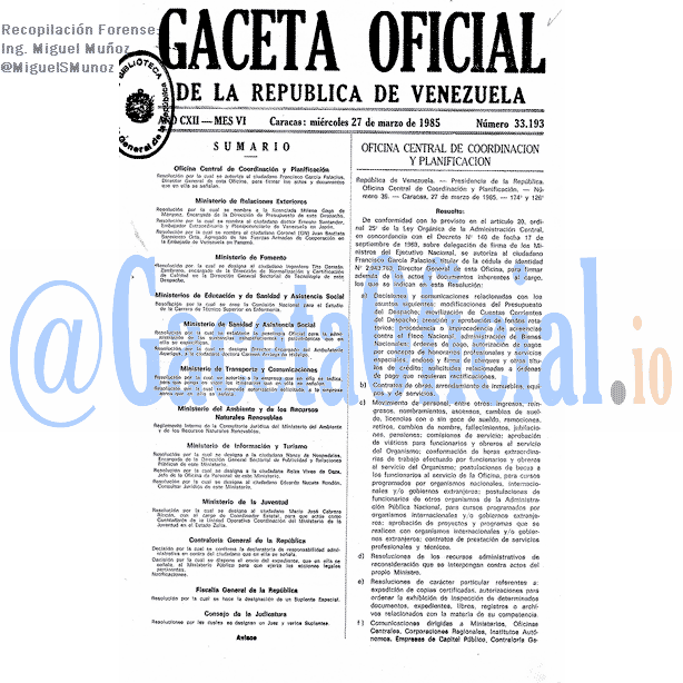 Gaceta Oficial 33193 del 27 Marzo 1985