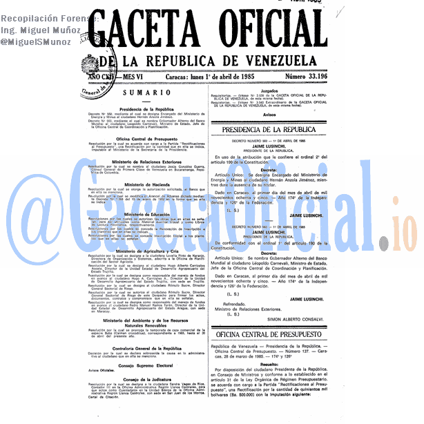 Gaceta Oficial 33196 del 1 Abril 1985