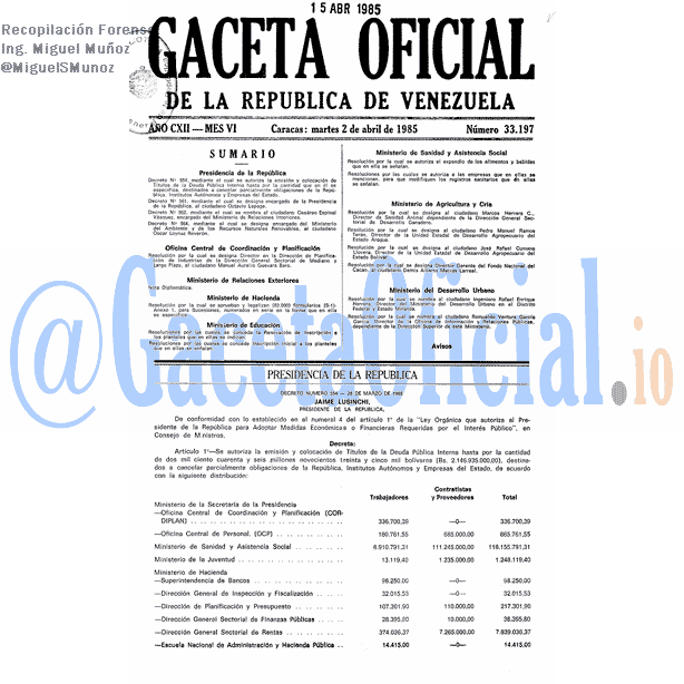 Gaceta Oficial 33197 del 2 Abril 1985
