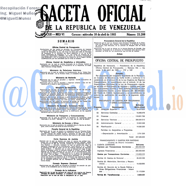 Gaceta Oficial 33200 del 10 Abril 1985