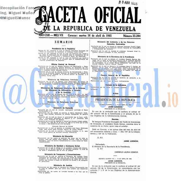 Gaceta Oficial 33204 del 16 Abril 1985