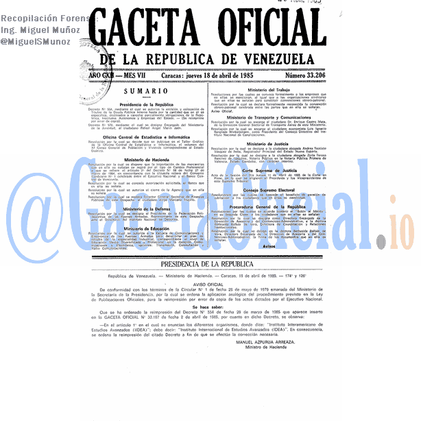 Gaceta Oficial 33206 del 18 Abril 1985