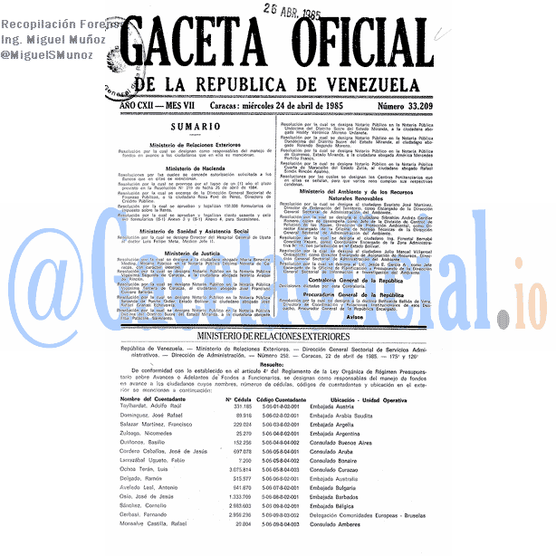 Gaceta Oficial 33209 del 24 Abril 1985