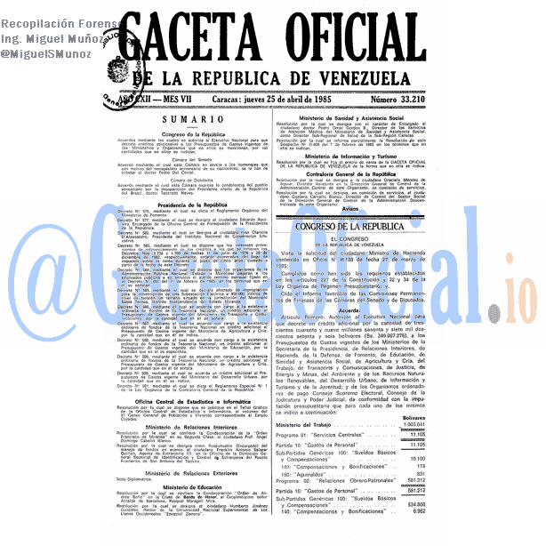 Gaceta Oficial 33210 del 25 Abril 1985