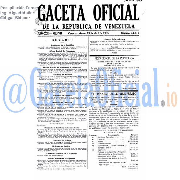 Gaceta Oficial 33211 del 26 Abril 1985