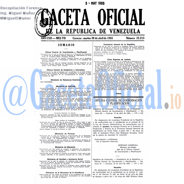 Gaceta Oficial 33213 del 30 Abril 1985