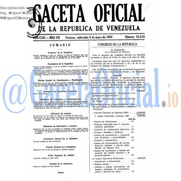Gaceta Oficial 33218 del 8 Mayo 1985