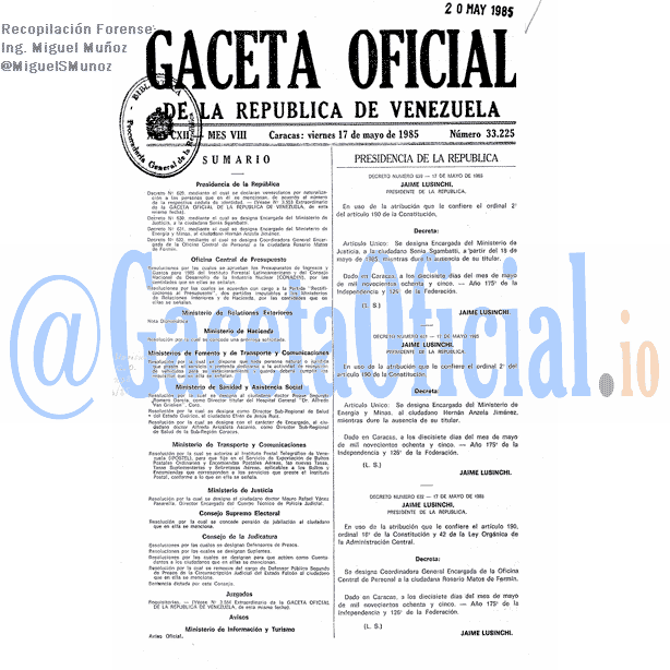 Gaceta Oficial 33225 del 17 Mayo 1985