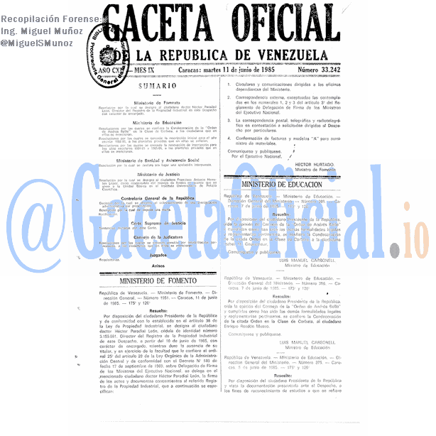 Gaceta Oficial 33242 del 11 Junio 1985