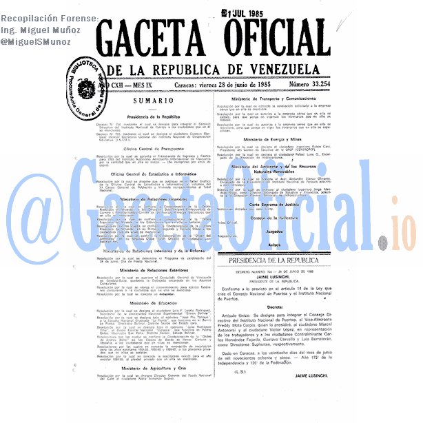 Gaceta Oficial 33254 del 28 Junio 1985