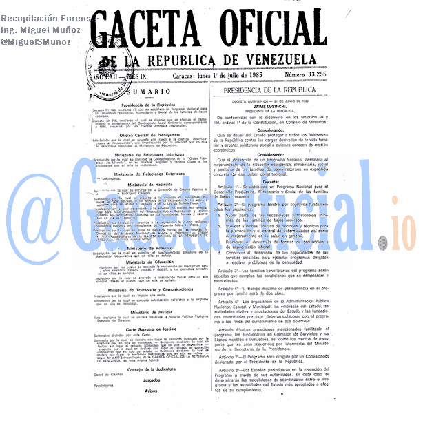 Gaceta Oficial 33255 del 1 Julio 1985