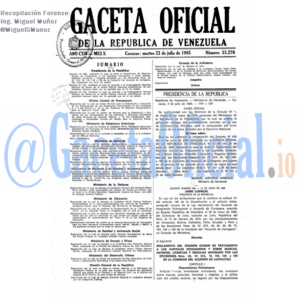 Gaceta Oficial 33270 del 23 Julio 1985
