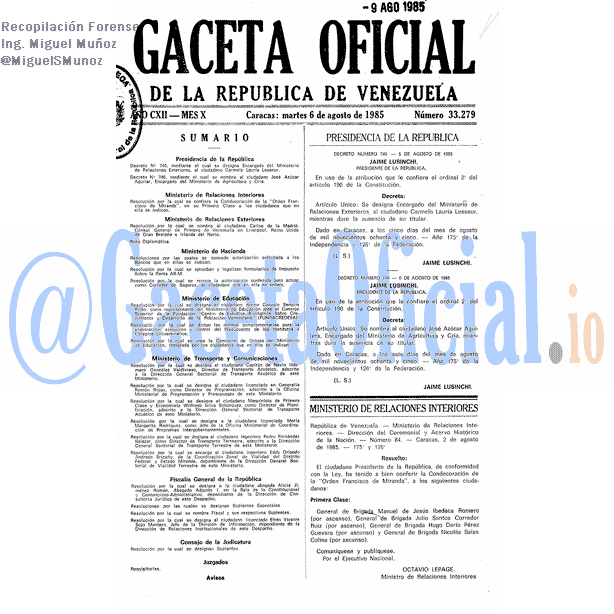 Gaceta Oficial 33279 del 6 Agosto 1985