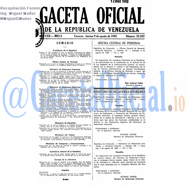 Gaceta Oficial 33282 del 9 Agosto 1985