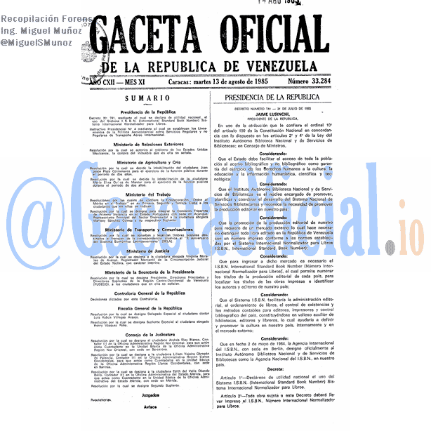 Gaceta Oficial 33284 del 13 Agosto 1985