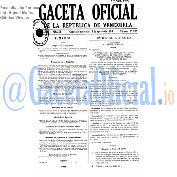 Gaceta Oficial 33285 del 14 Agosto 1985