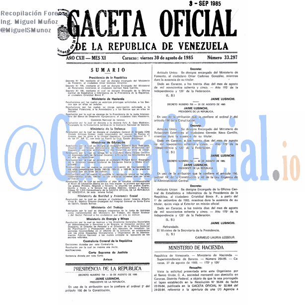 Gaceta Oficial 33297 del 30 Agosto 1985