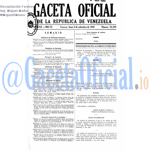 Gaceta Oficial 33298 del 2 Septiembre 1985