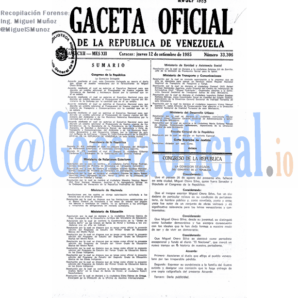 Gaceta Oficial 33306 del 12 Septiembre 1985