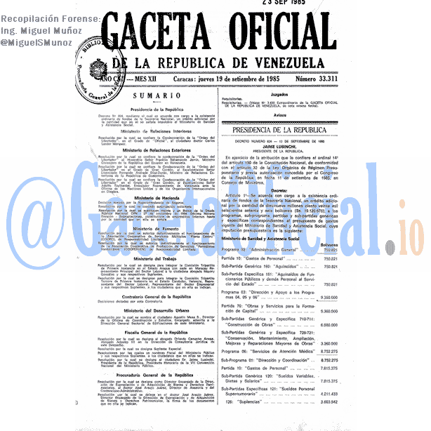 Gaceta Oficial 33311 del 19 Septiembre 1985