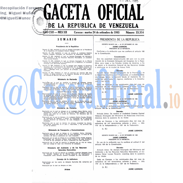 Gaceta Oficial 33314 del 24 Septiembre 1985