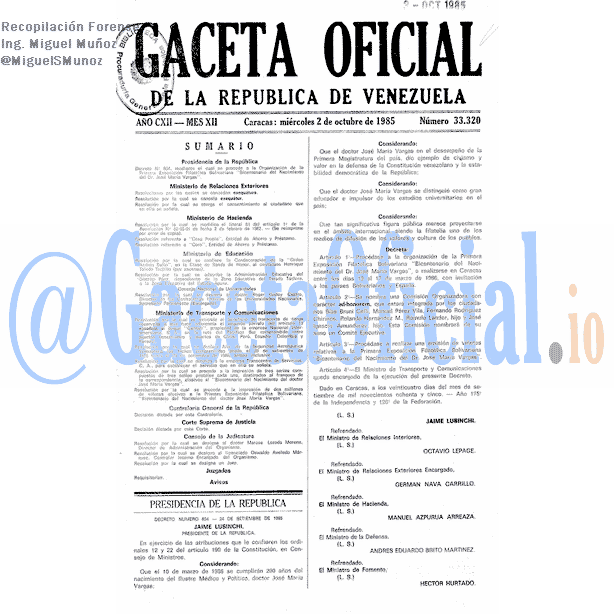 Gaceta Oficial 33320 del 2 Octubre 1985