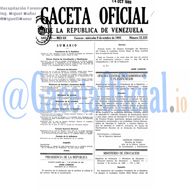 Gaceta Oficial 33325 del 9 Octubre 1985