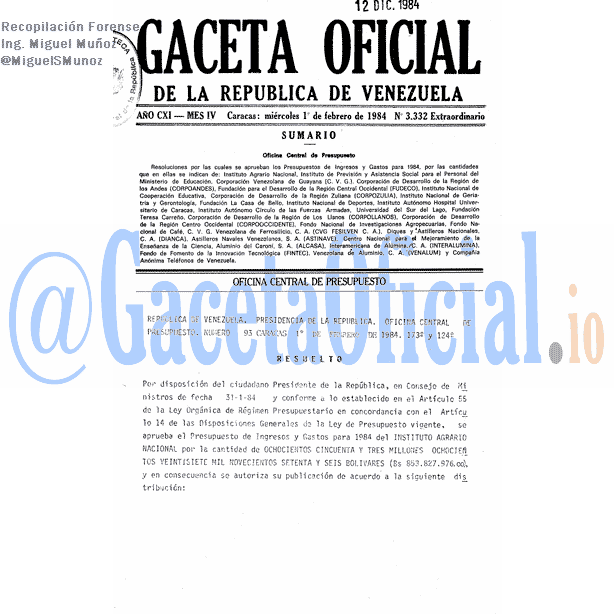 Gaceta Oficial 3332 del 1 Febrero 1984