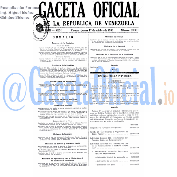 Gaceta Oficial 33331 del 17 Octubre 1985