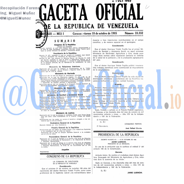 Gaceta Oficial 33332 del 18 Octubre 1985