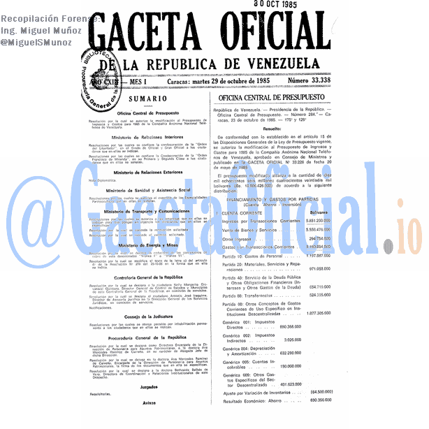Gaceta Oficial 33338 del 29 Octubre 1985