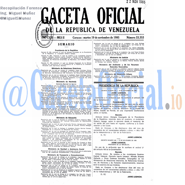 Gaceta Oficial 33353 del 19 Noviembre 1985